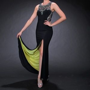 Betsy & Adam Black Evening Gown with Beaded Detail